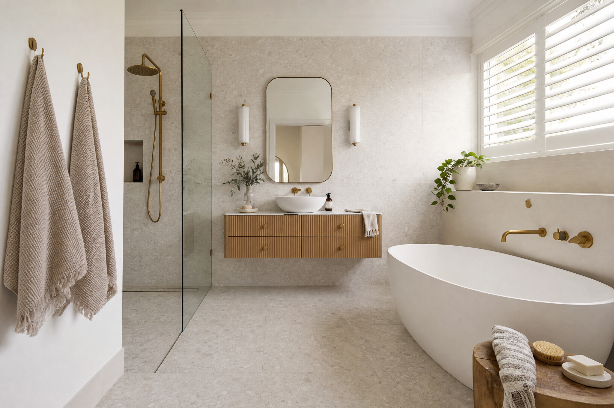 Stone and brass bathroom with freestanding bath, Tuesday Lane interior designers Eastern Suburbs Sydney