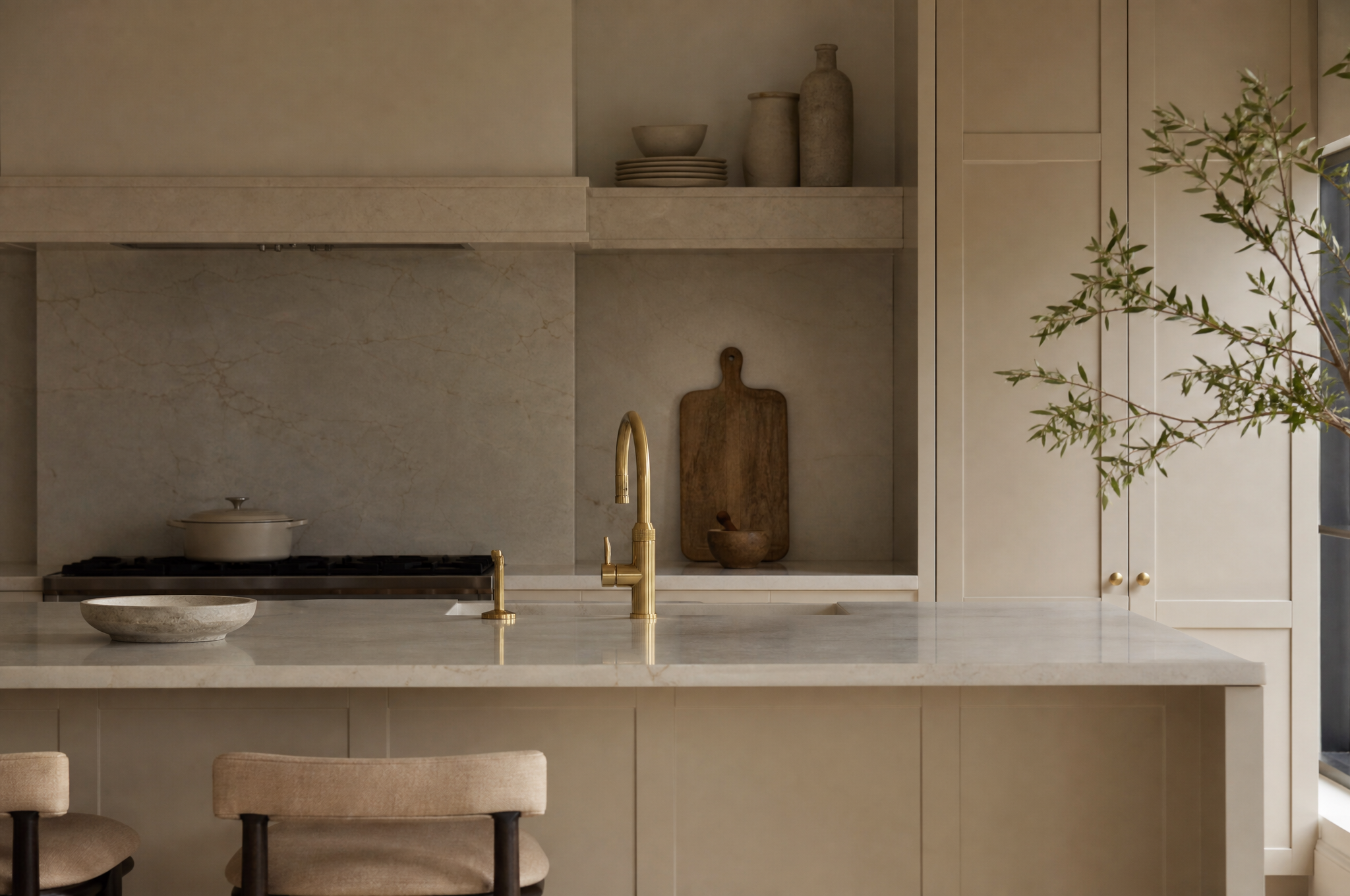 Timeless Lower North Shore Sydney kitchen with stone benchtops and brass tapware by Tuesday Lane