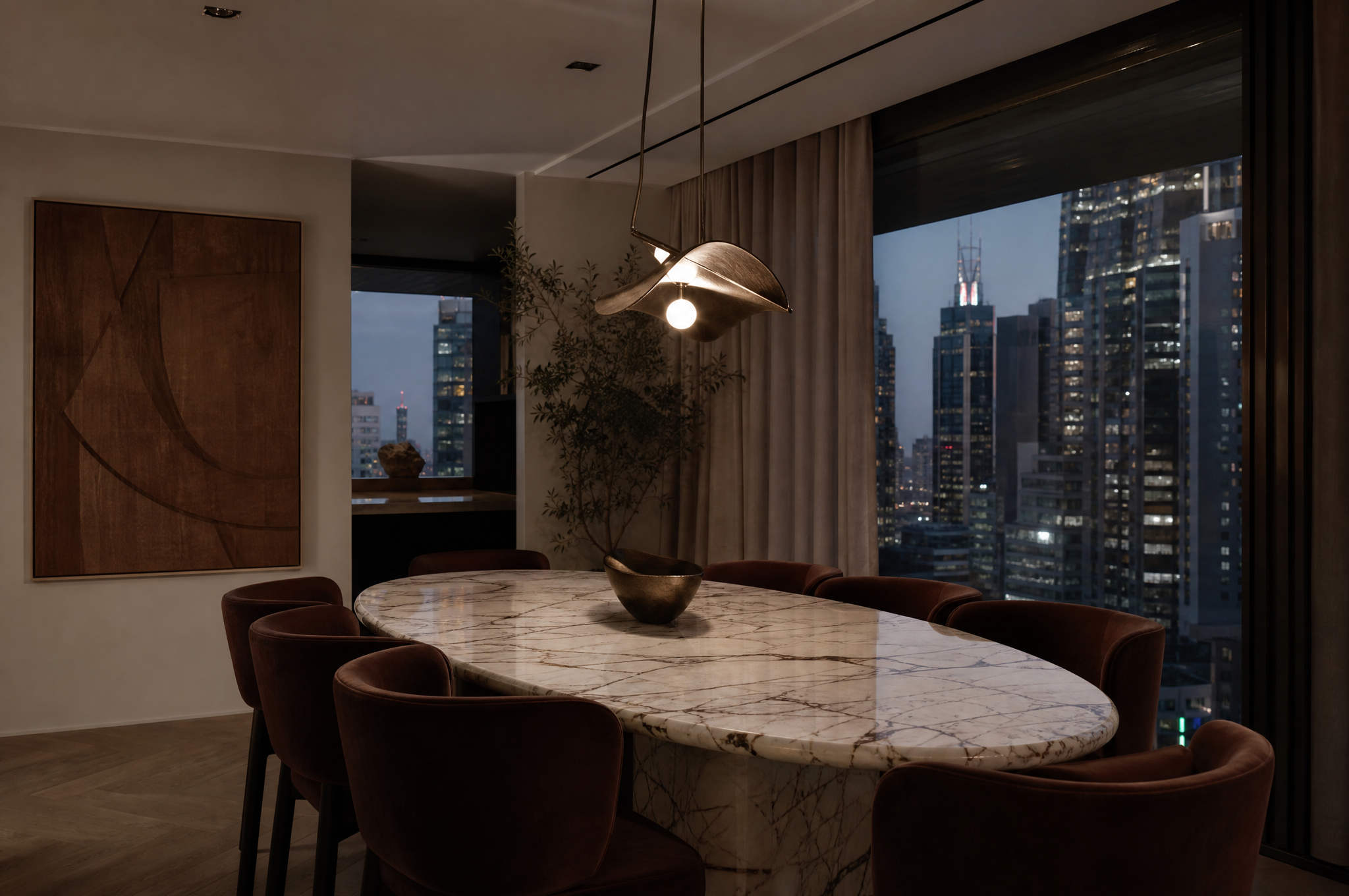 Sophisticated Pyrmont dining room with marble table and velvet chairs by Tuesday Lane
