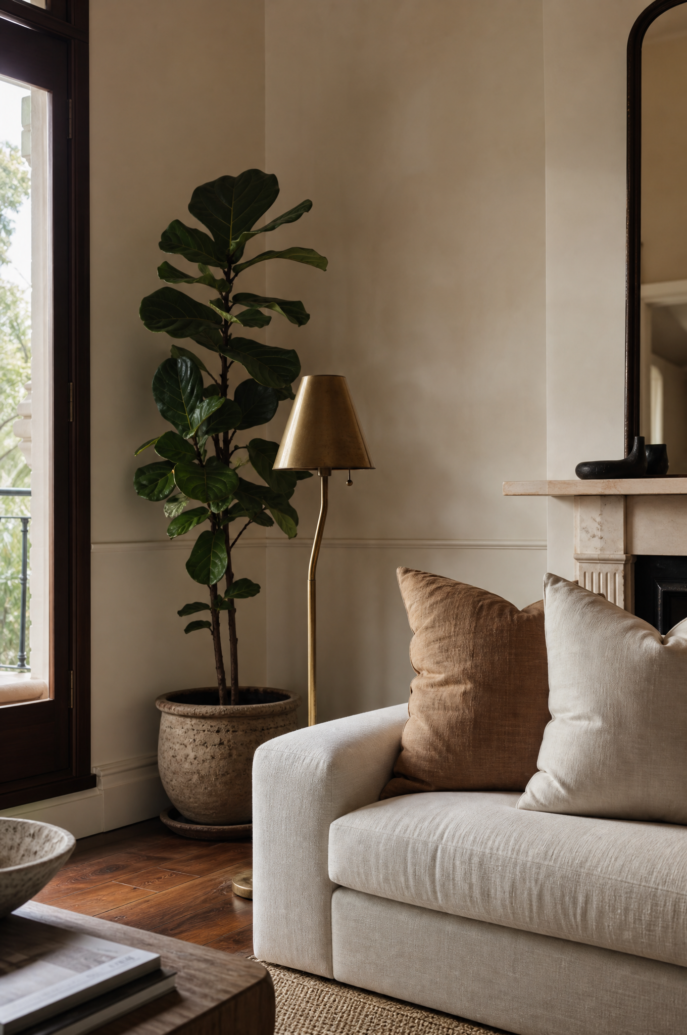 Styled living room corner with brass floor lamp and indoor plant, Tuesday Lane Russell Lea