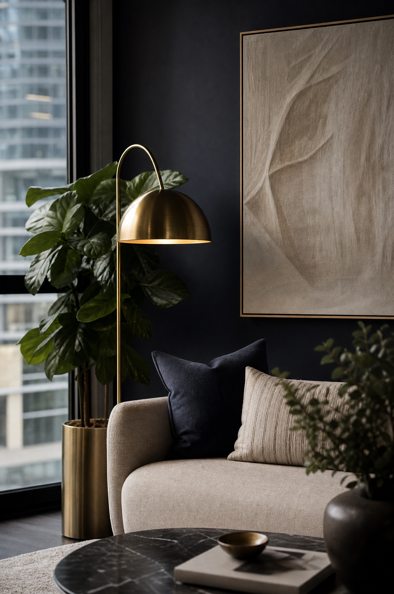 Moody SRedfern apartment living room corner with brass lamp and statement artwork by Tuesday Lane