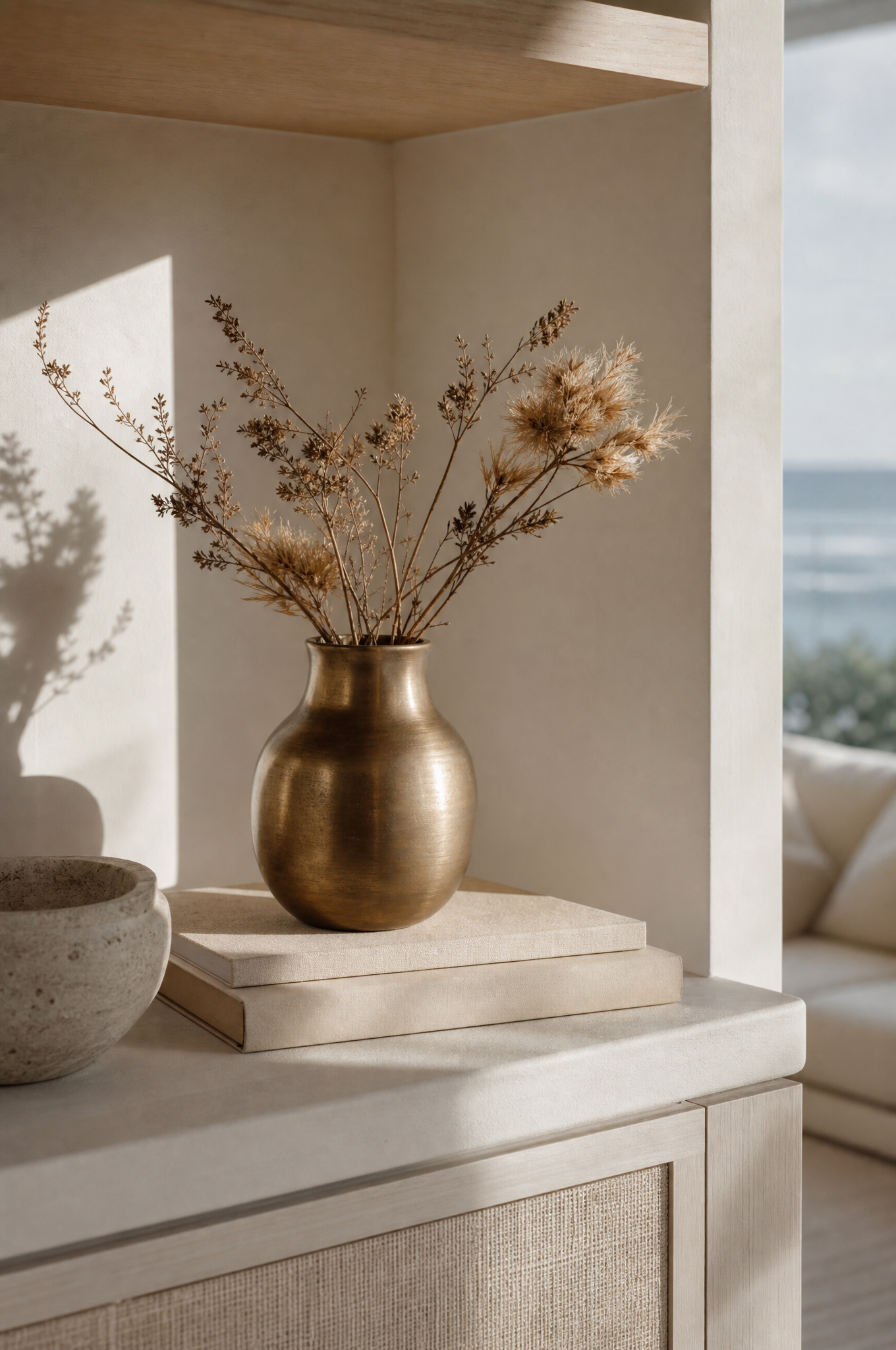 Coastal interior styling detail with brass vase and botanicals, Tuesday Lane Paddington