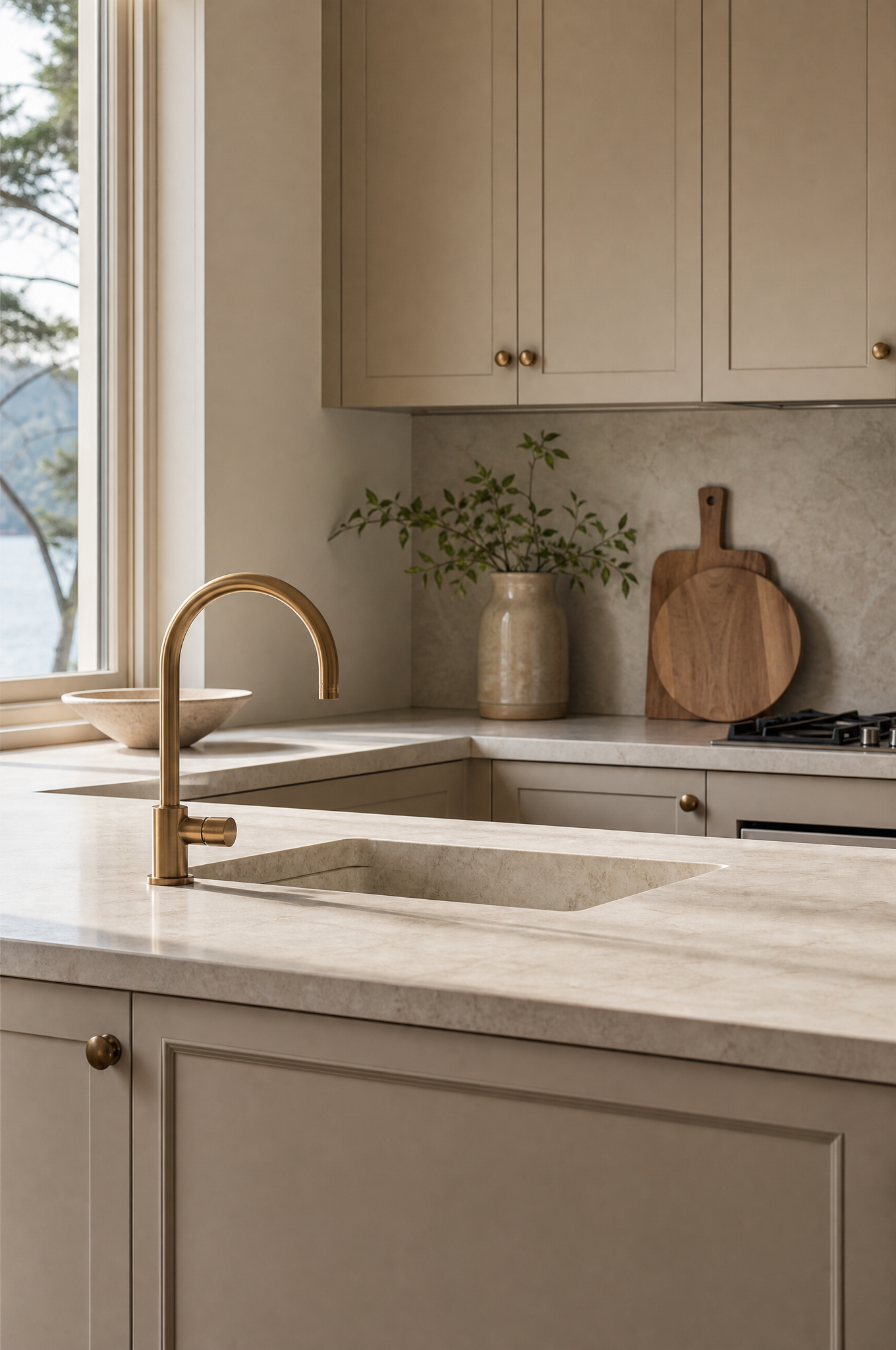 Shaker cabinetry and brass tapware kitchen detail, Tuesday Lane St Leonards