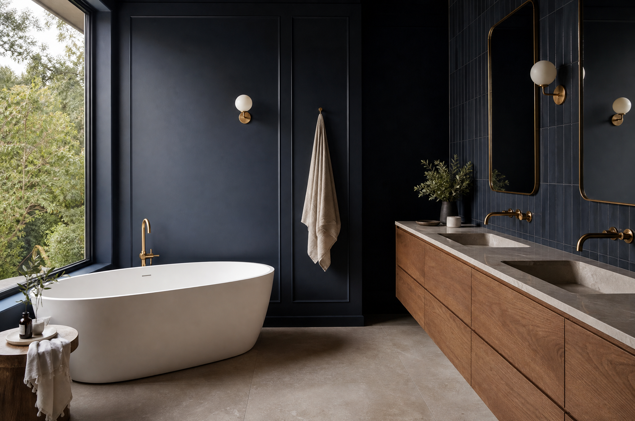 Moody navy bathroom with freestanding bath and brass fixtures, Tuesday Lane Sylvania Waters