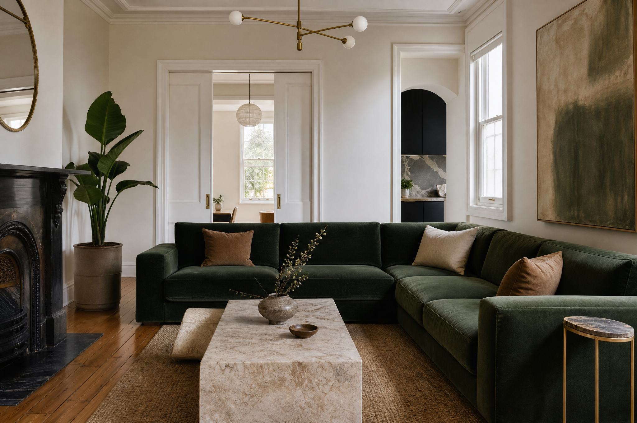 Ashfield terrace living room with deep green velvet sofa by Tuesday Lane interior designers