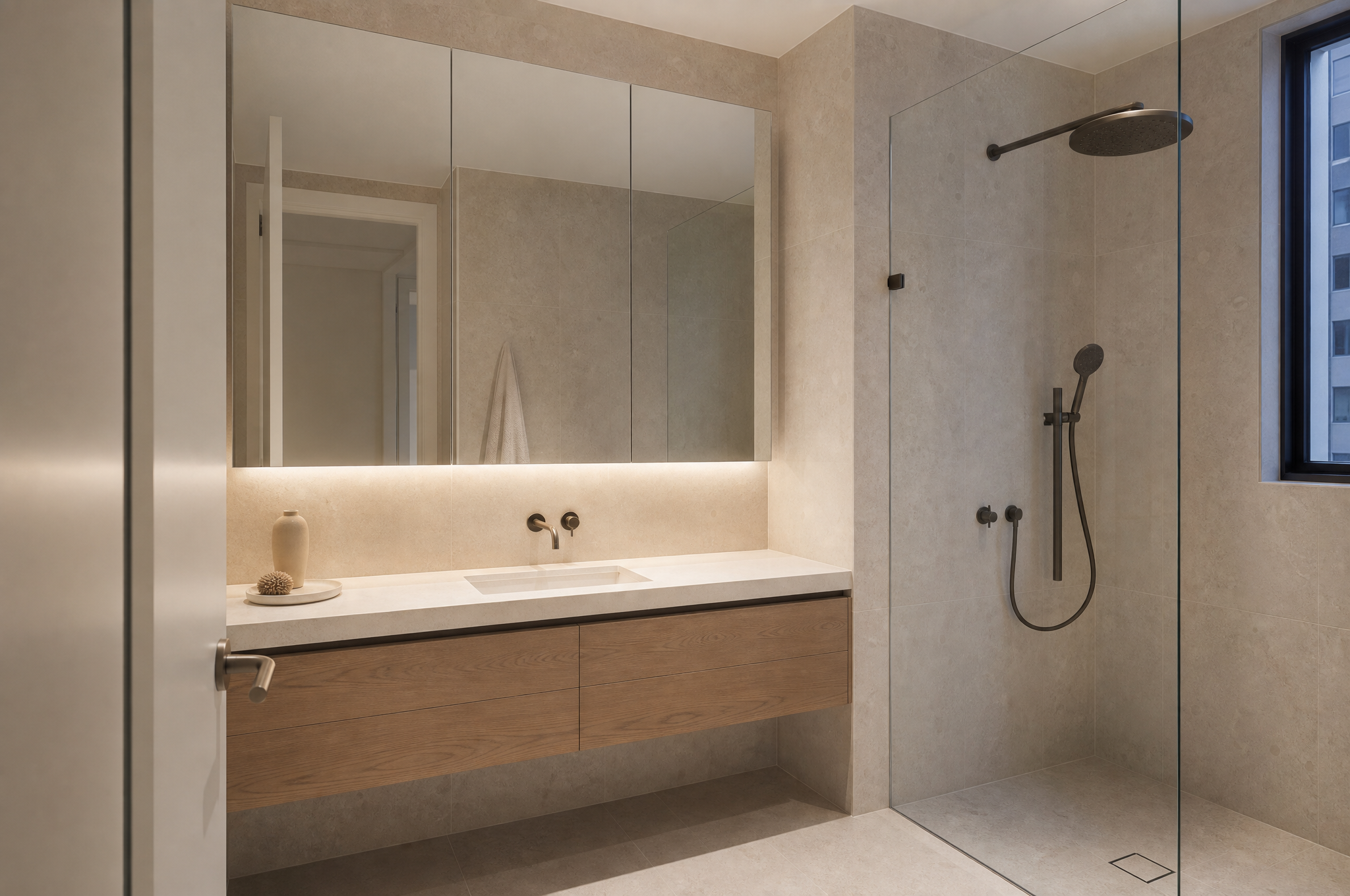 Sleek stone bathroom with matte black fixtures in Redfern apartment by Tuesday Lane