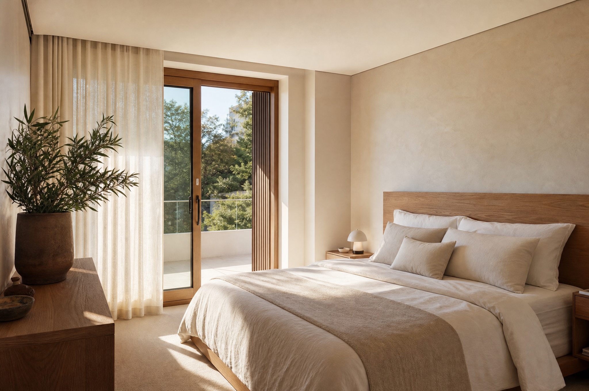 Calm family home bedroom with white linen and oak furniture, Tuesday Lane Greater Sydney