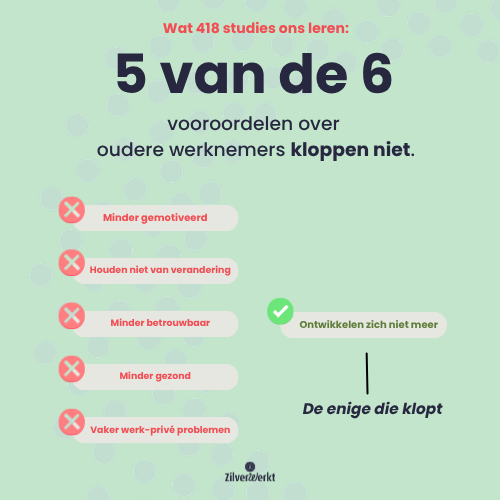Infographic: van zes vooroordelen over oudere werknemers kloppen er vijf niet, volgens een analyse van 418 studies door Ng en Feldman