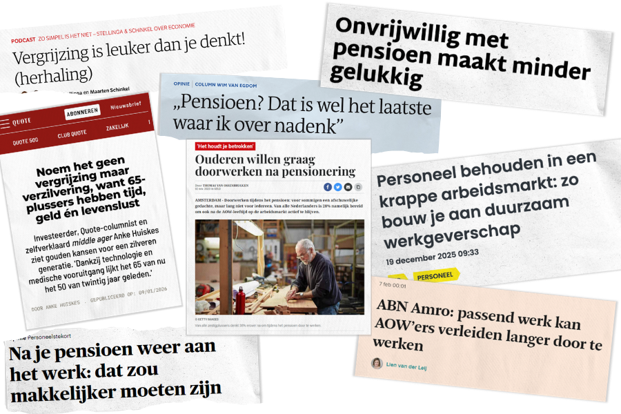 Samensmelting van verschillende krantenkoppen en artikelen over pensioen, werk en arbeidsmarkt in het Nederlands.