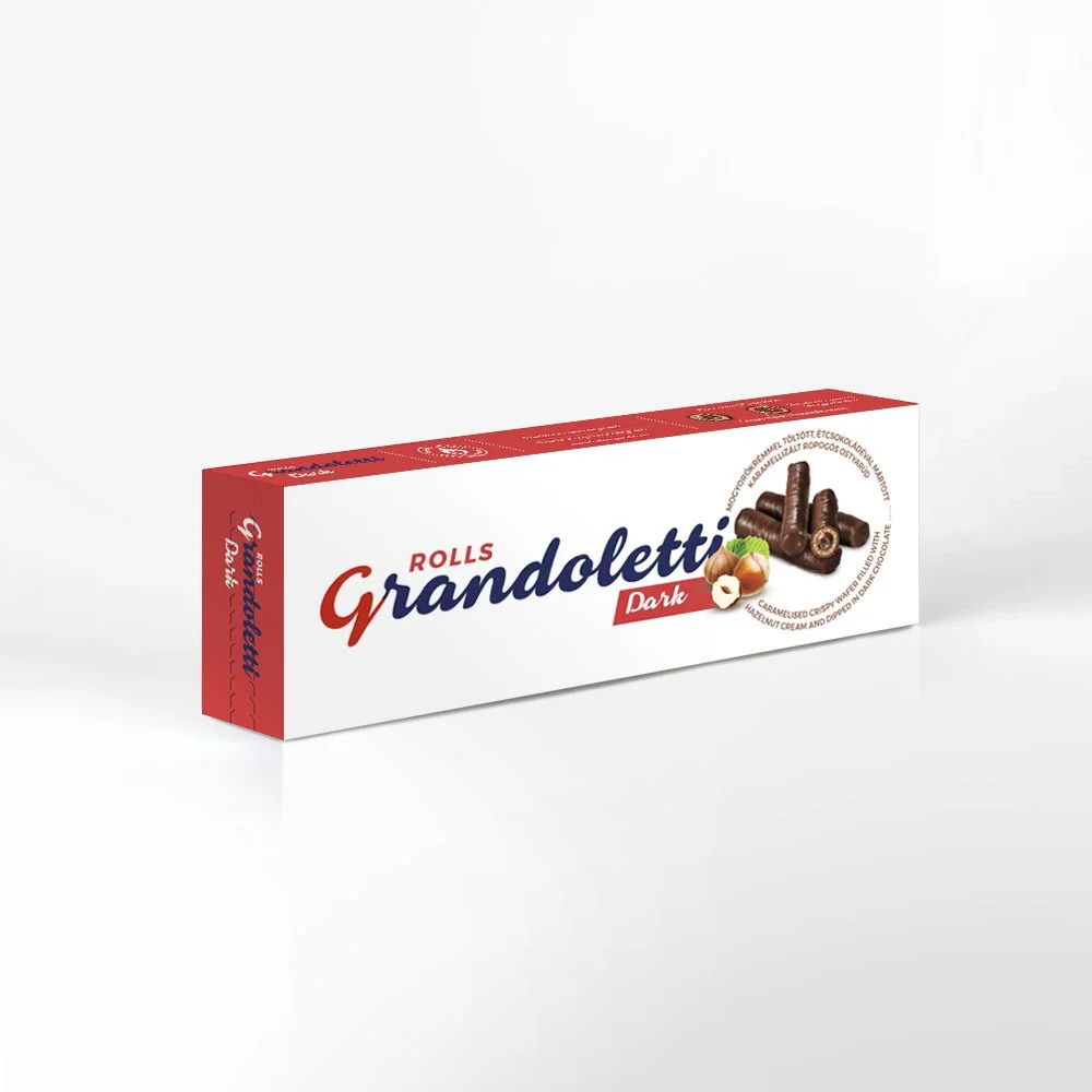 Grandoletti Rolls Dark Mogyorókrémmel töltött, étcsokoládéval mártott karamellizált ropogós ostyarúd 100g 16db