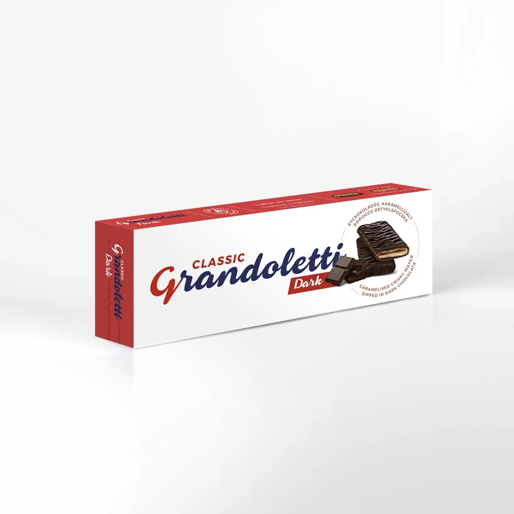 Grandoletti Classic Dark étcsokoládés, karamellizált ropogós ostyalapocska 100g 16db