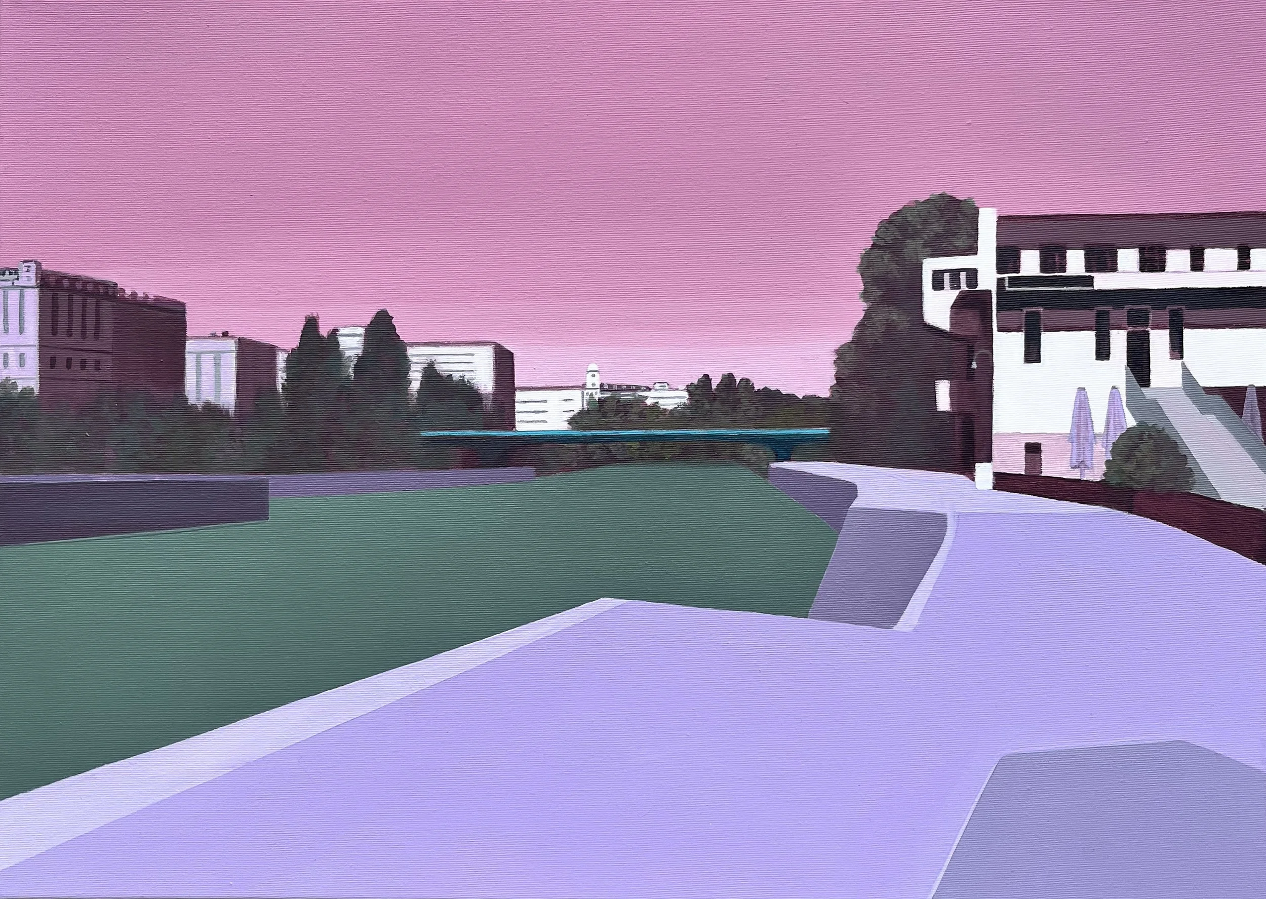 An acrylic painting of Donaukanal in green with a pink sky and multiple white buildings with dark windows.