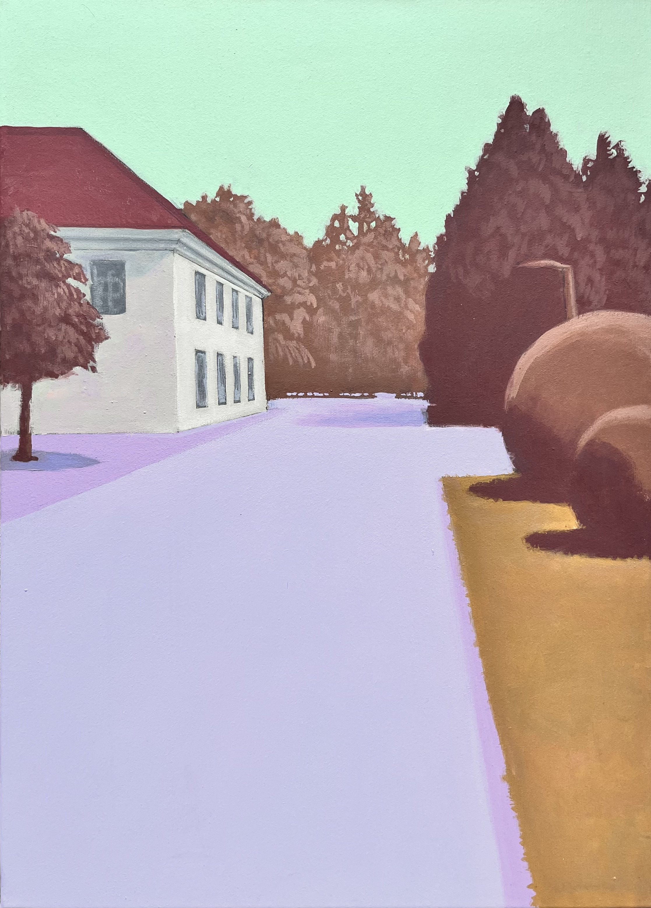 A minimalist painting of a white building with a red roof, surrounded by trees with autumn-colored leaves, against a pale green sky.