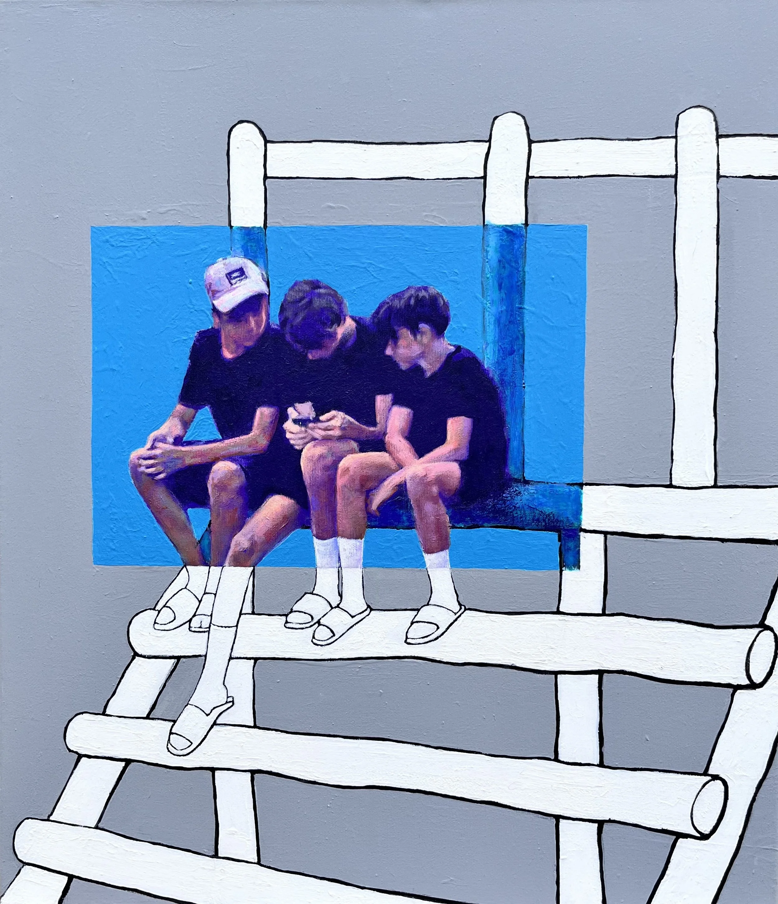 Three young boys are sitting on a park bench, looking at their phones, with one of them wearing a white baseball cap. The background features a painted blue section and a simplified, black-and-white comic-style line drawing of the bench and park scene.