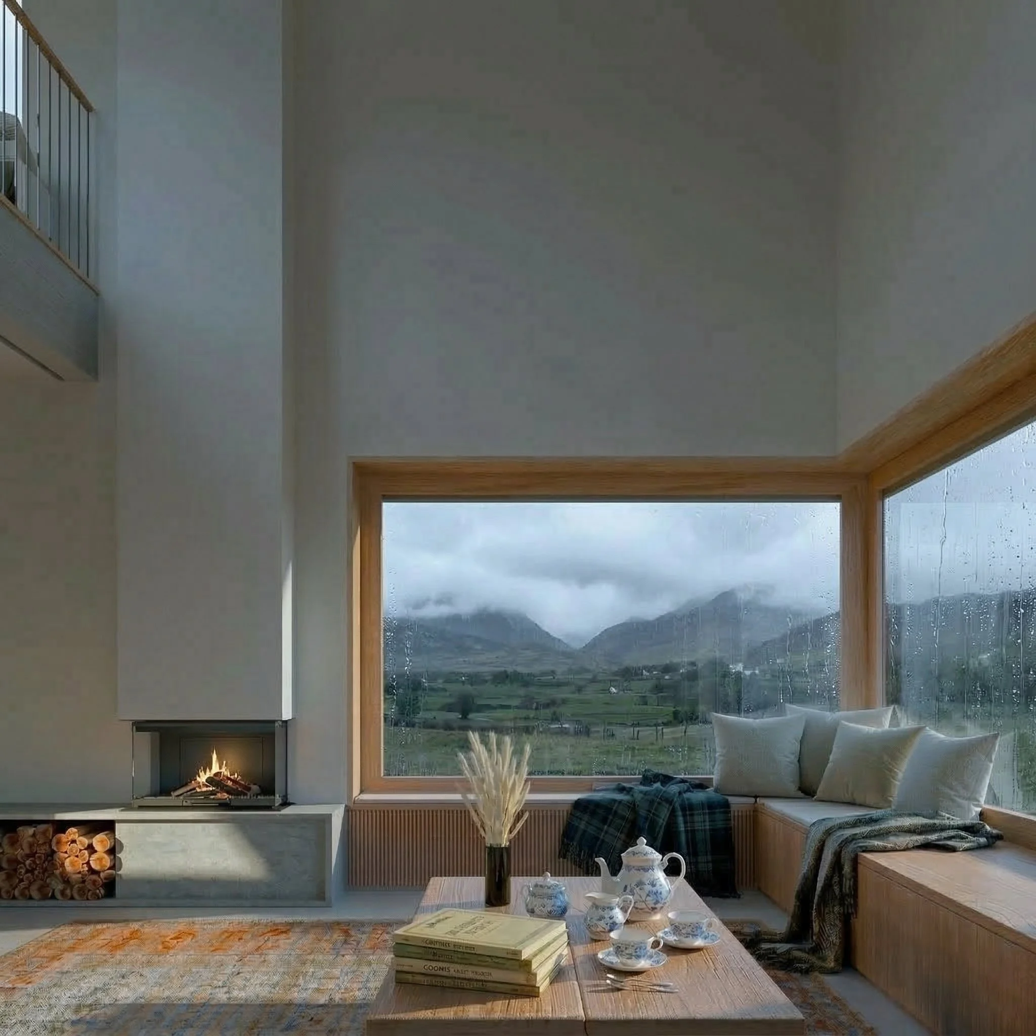 A view of the mountains and the rain