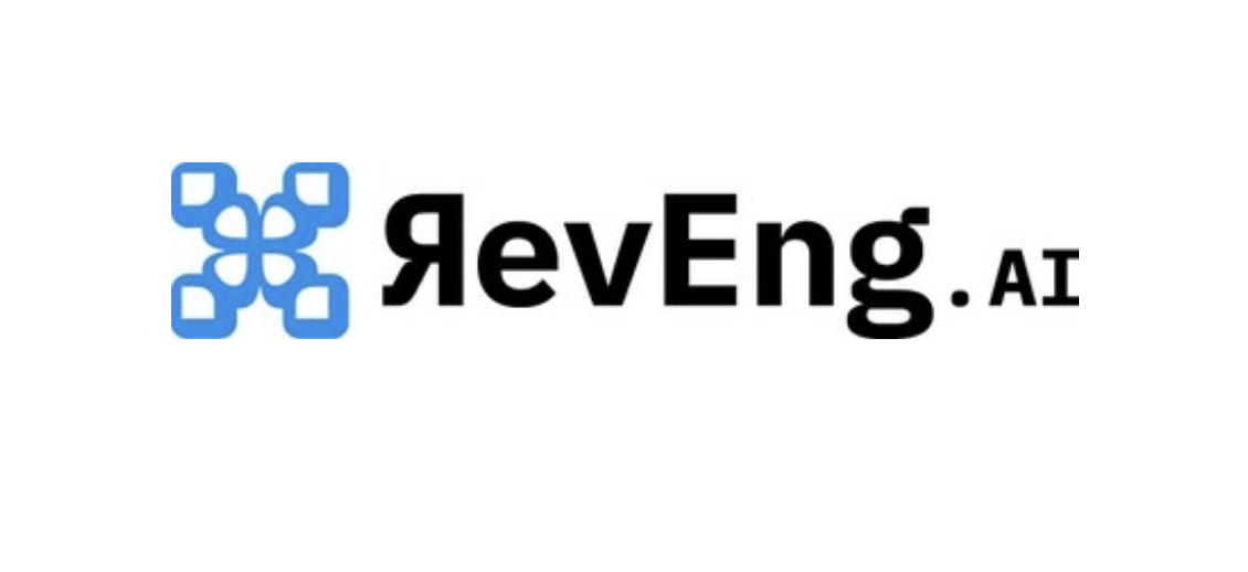 Logo with blue interconnected squares and the text 'RevEng.AI' in black and bold font.