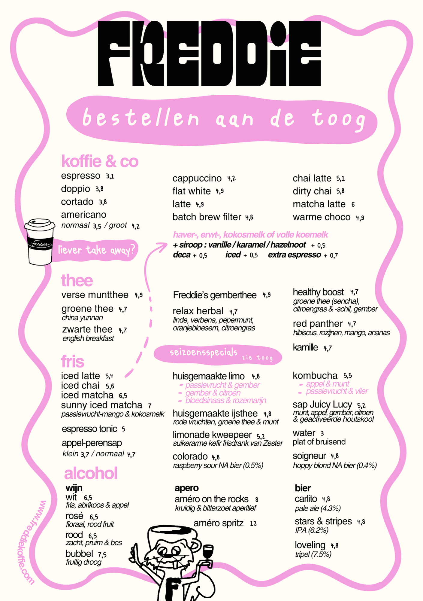 menu Freddie april 2026 drank
