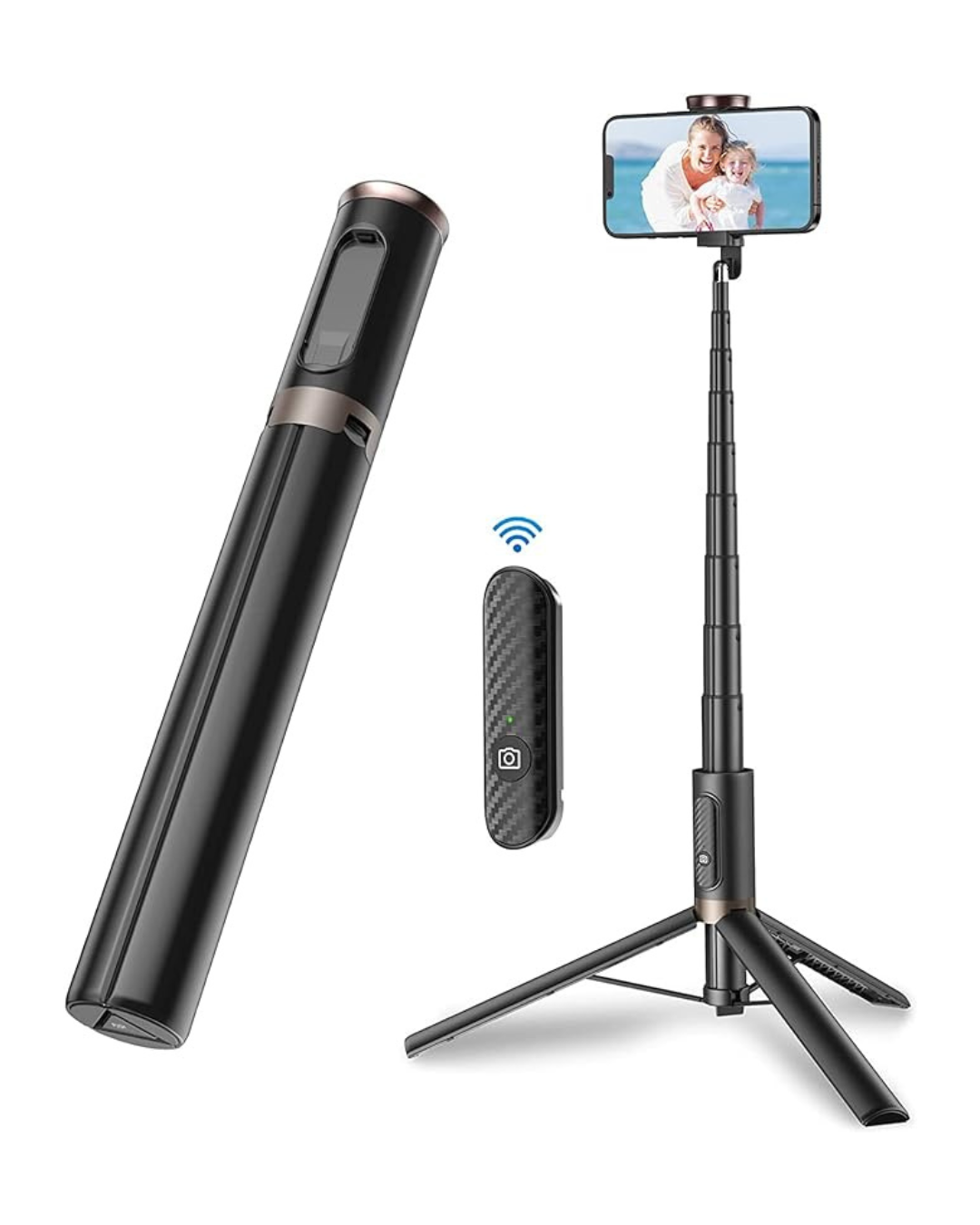 A selfie stick with a smartphone attached, a wireless remote control, and a portable wireless camera device.