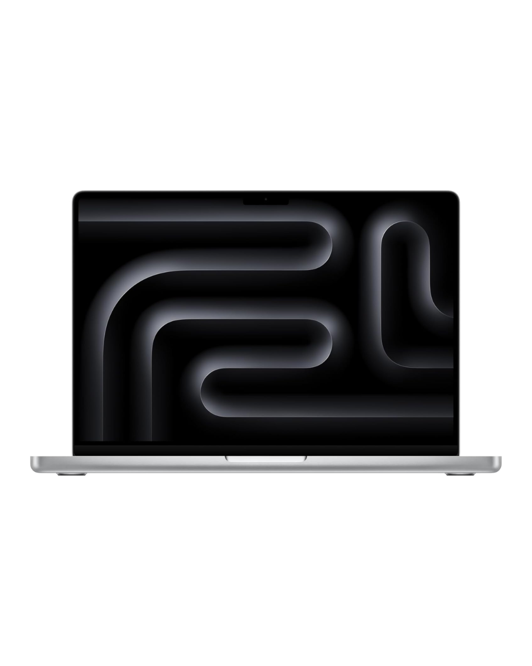 A MacBook laptop with a black screen displaying a abstract neon light pattern.