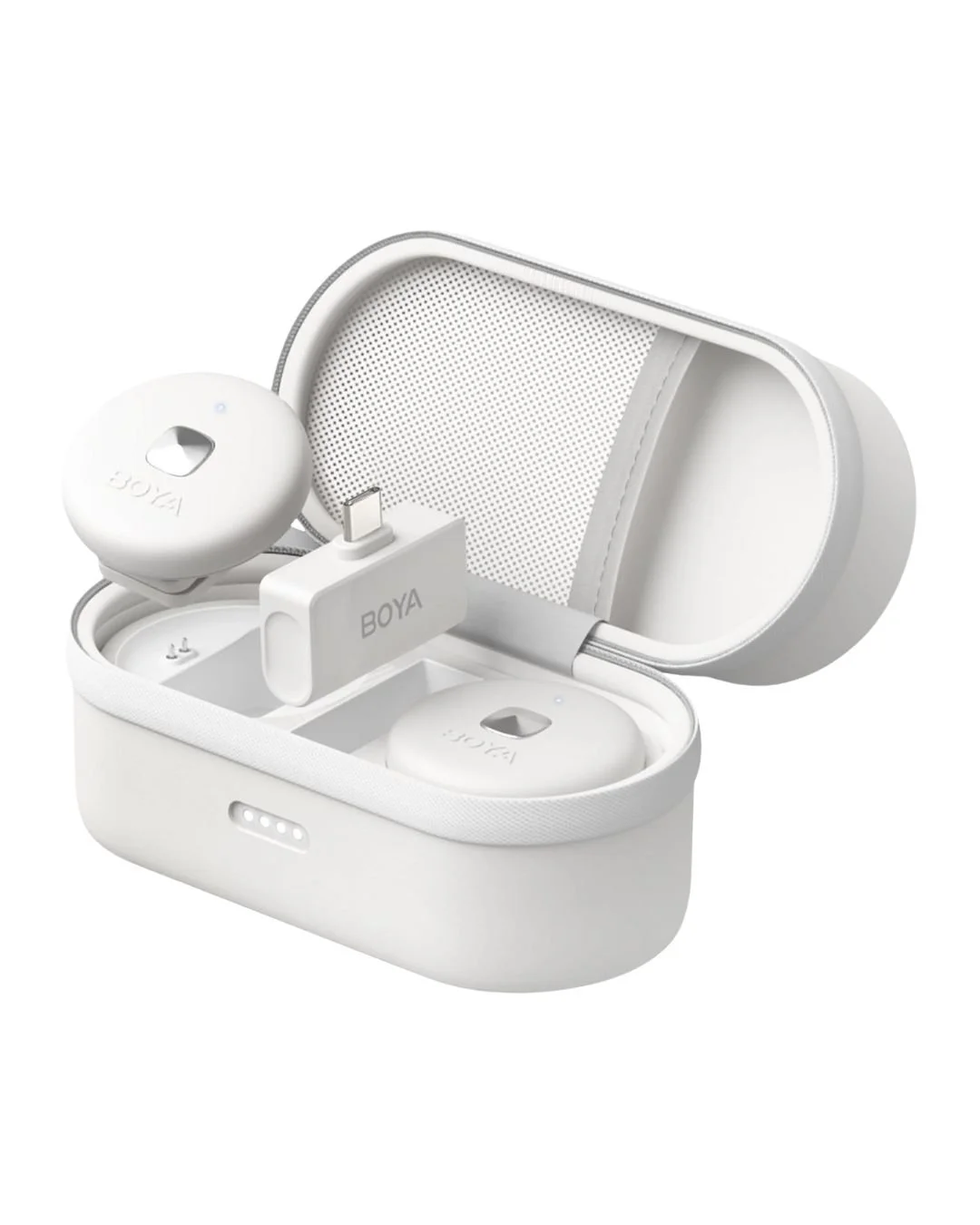 Wireless earbuds with charging case, included charging cable, and storage case in a white carry box.