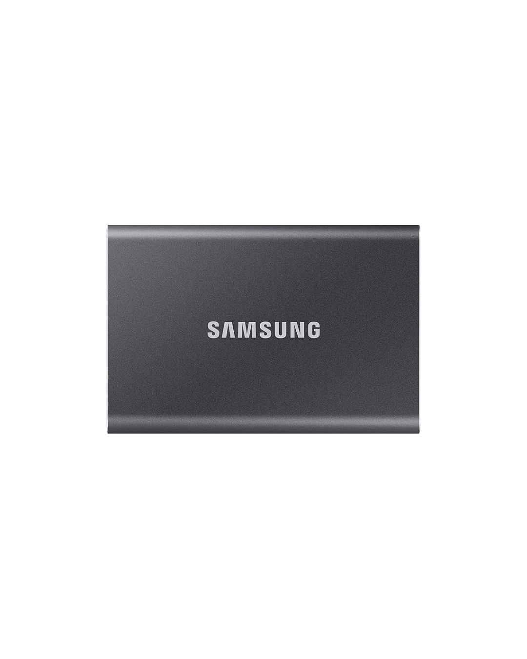 A gray Samsung portable solid state drive (SSD) with a metallic finish and the Samsung logo in the center.