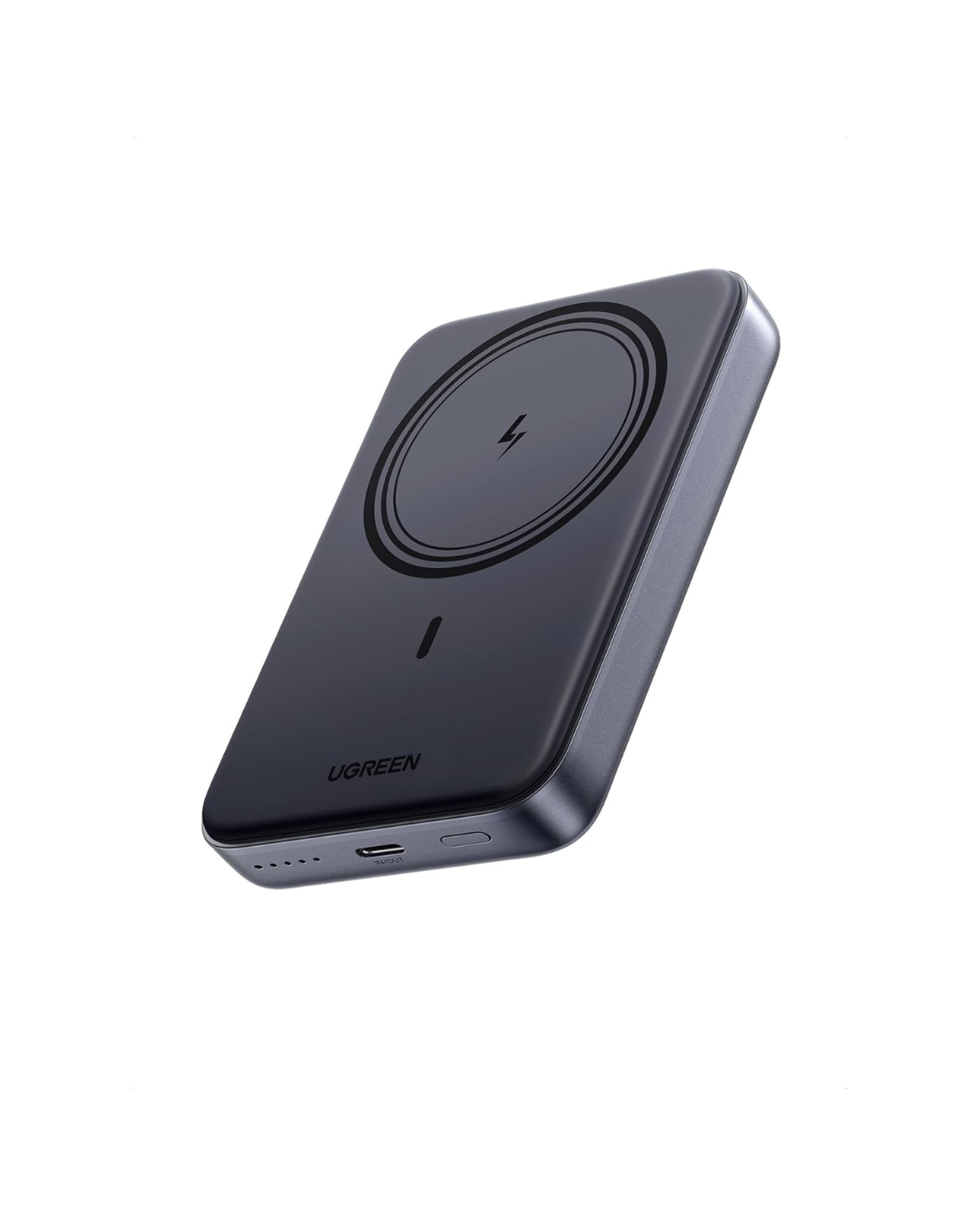 Gray wireless phone charger with UGREEN logo, circular charging pad, and lightning bolt symbol, positioned at an angle isolated on white background.