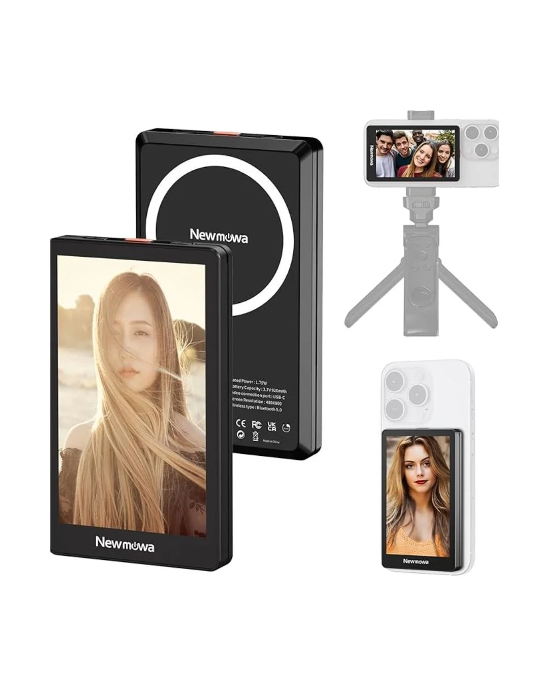 Two portable cameras with screens displaying photos of women, a black and white wireless charger, and a tripod holding a smartphone with a group of people on the screen.