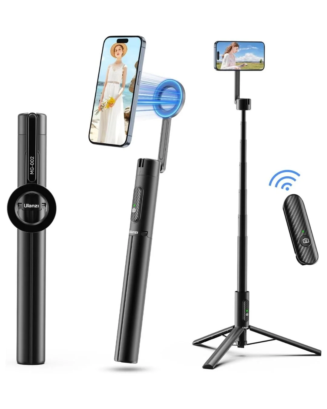 A portable selfie stick with a phone holder, a wireless remote control, and a tripod stand, all designed for taking photos and videos with smartphones.