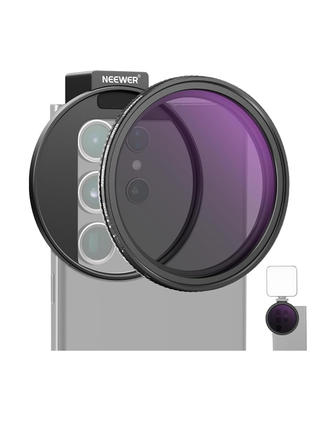 A smartphone with a camera attachment featuring multiple lenses and a large circular lens filter.