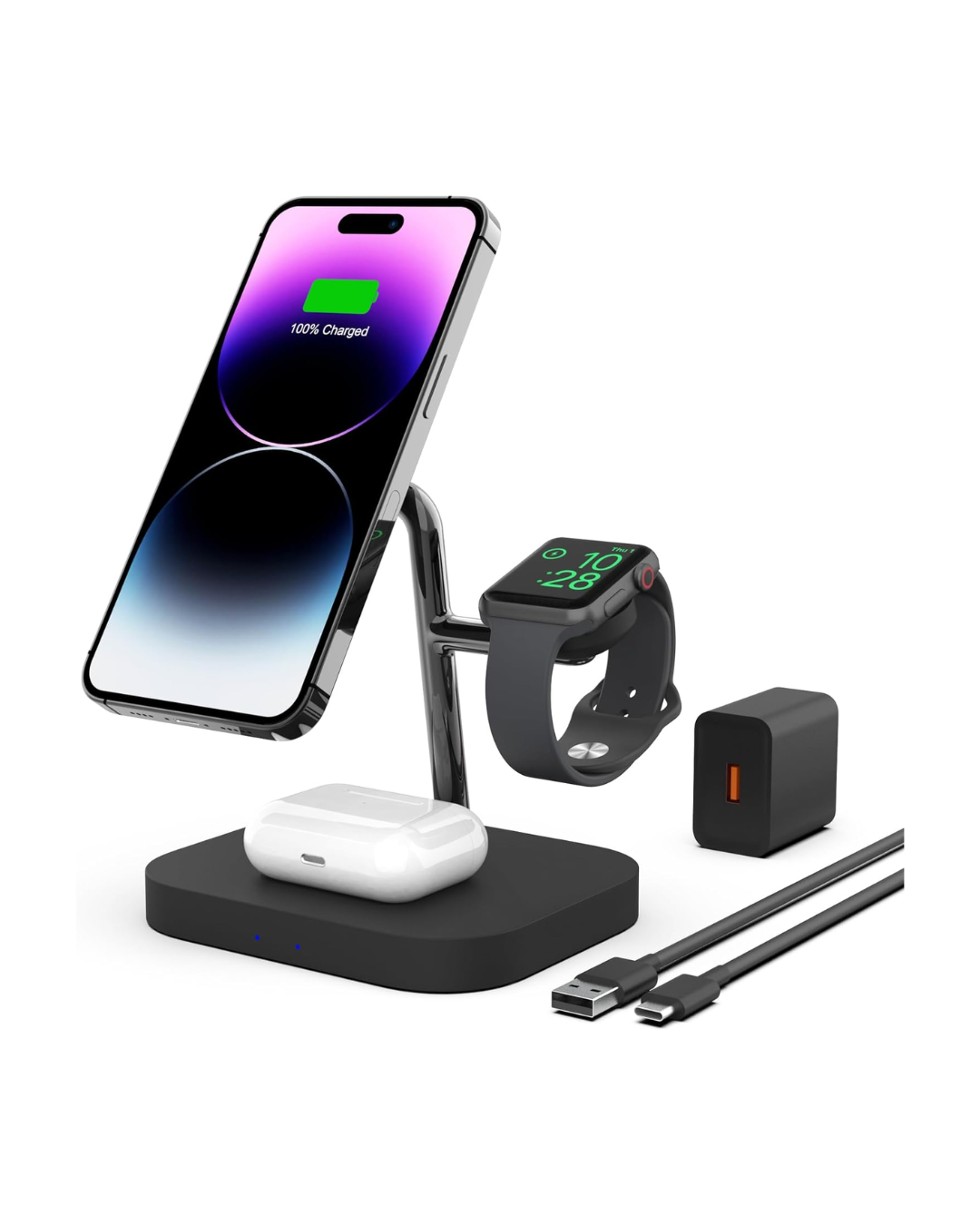 Wireless charging station with a smartphone, Apple Watch, AirPods, power adapter, and charging cables.