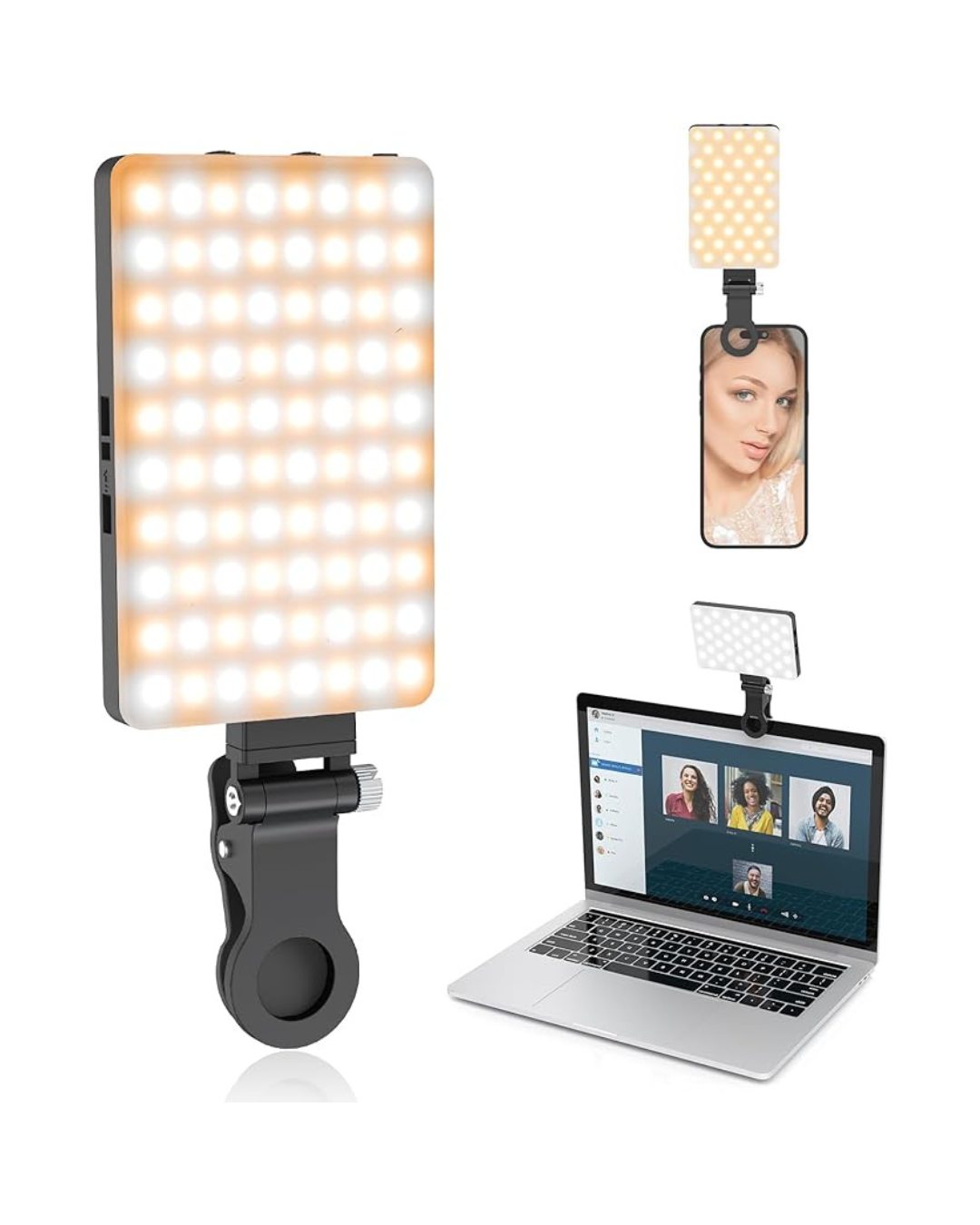 A portable LED light panel, a smartphone with a light attachment, a laptop displaying a video call, and a small ring light are shown on a white background, used for video conferencing or content creation.