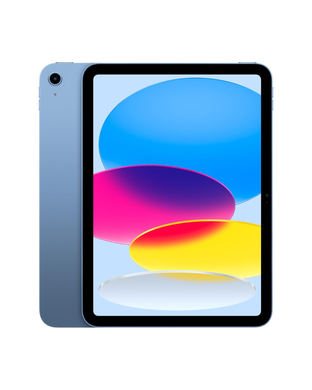 A blue tablet with a colorful screen, featuring abstract colored ovals in blue, pink, yellow, and white.