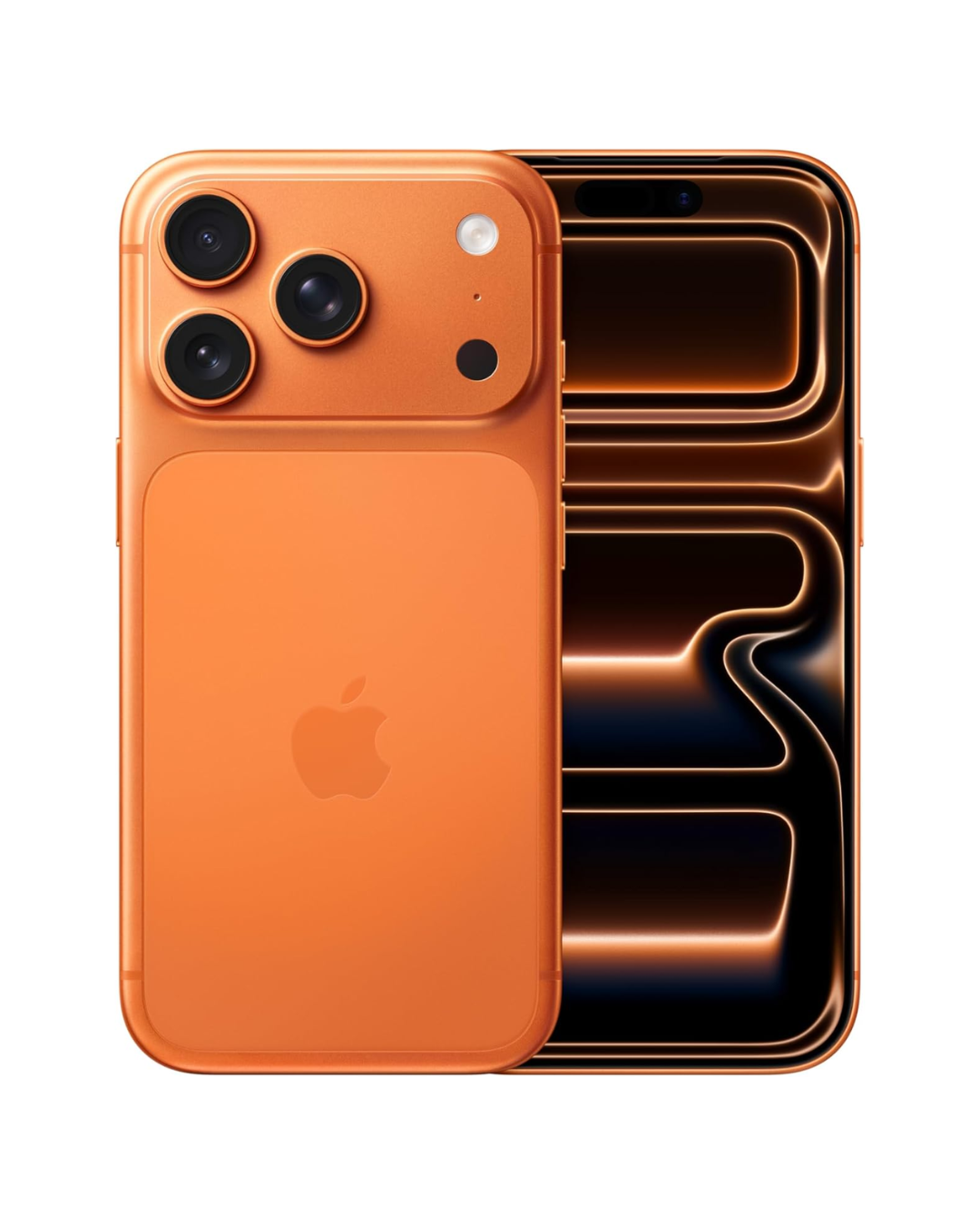 Orange iPhone with triple camera and black screen displaying neon pattern.