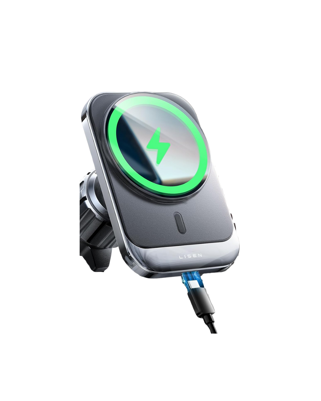 Wireless car charger with a green charging indicator and a lightning bolt icon on the screen