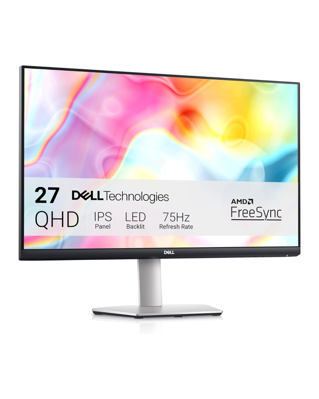Dell 27-inch QHD monitor with colorful abstract background, displaying specifications including IPS panel, LED backlit, 75Hz refresh rate, and AMD FreeSync.