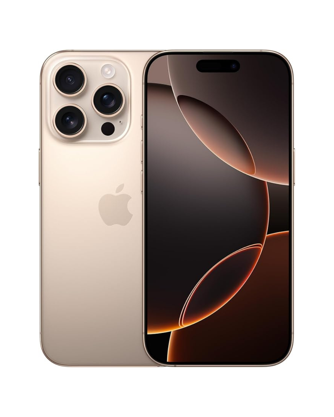 Gold iPhone 16 with triple camera system and a black display screen showing a dark abstract wallpaper.