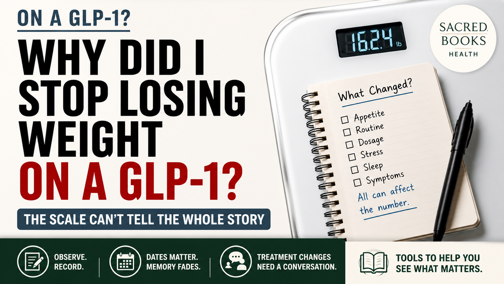 cover image of sacred books health with a digital scale and notepad supporting a written record on why the scale can't tell the whole story on weight loss