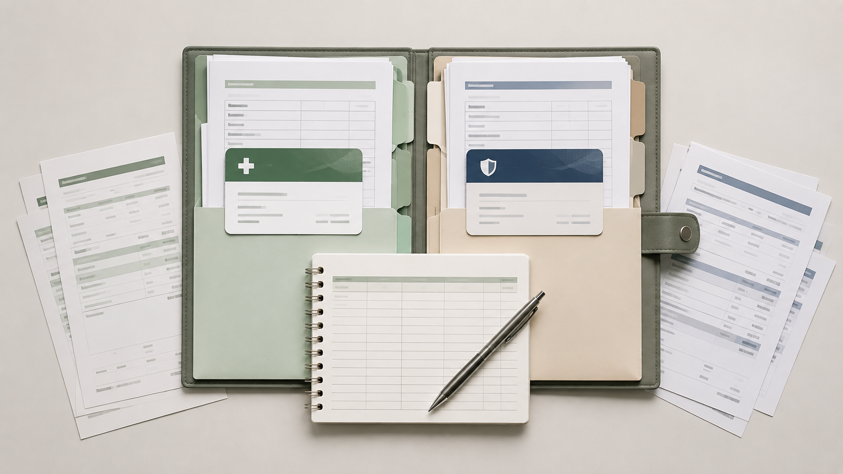 Primary and secondary health insurance records with an explanation of benefits and medical claim documents organized for coordination of benefits tracking.