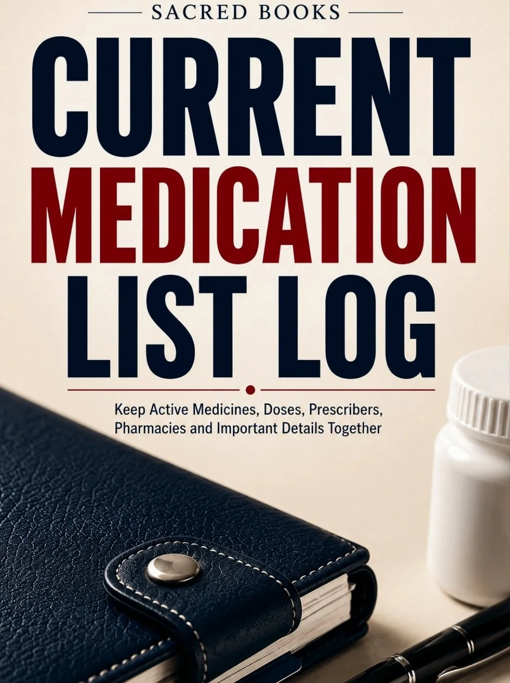 Current Medication List Log cover, a written record for keeping an up-to-date list of your current medicines and doses in one place — Sacred Books.