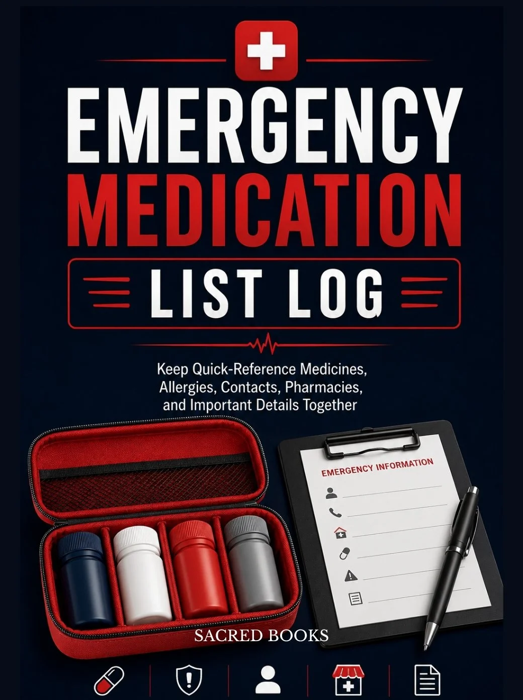 Emergency Medication List Log cover, a written record of medicines and key details to have on hand for emergencies — Sacred Books.