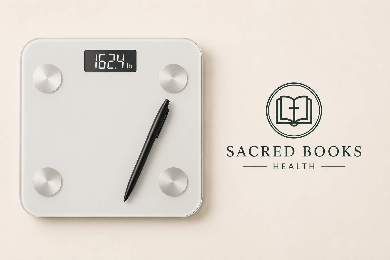 Modern bathroom scale with sacred books logo