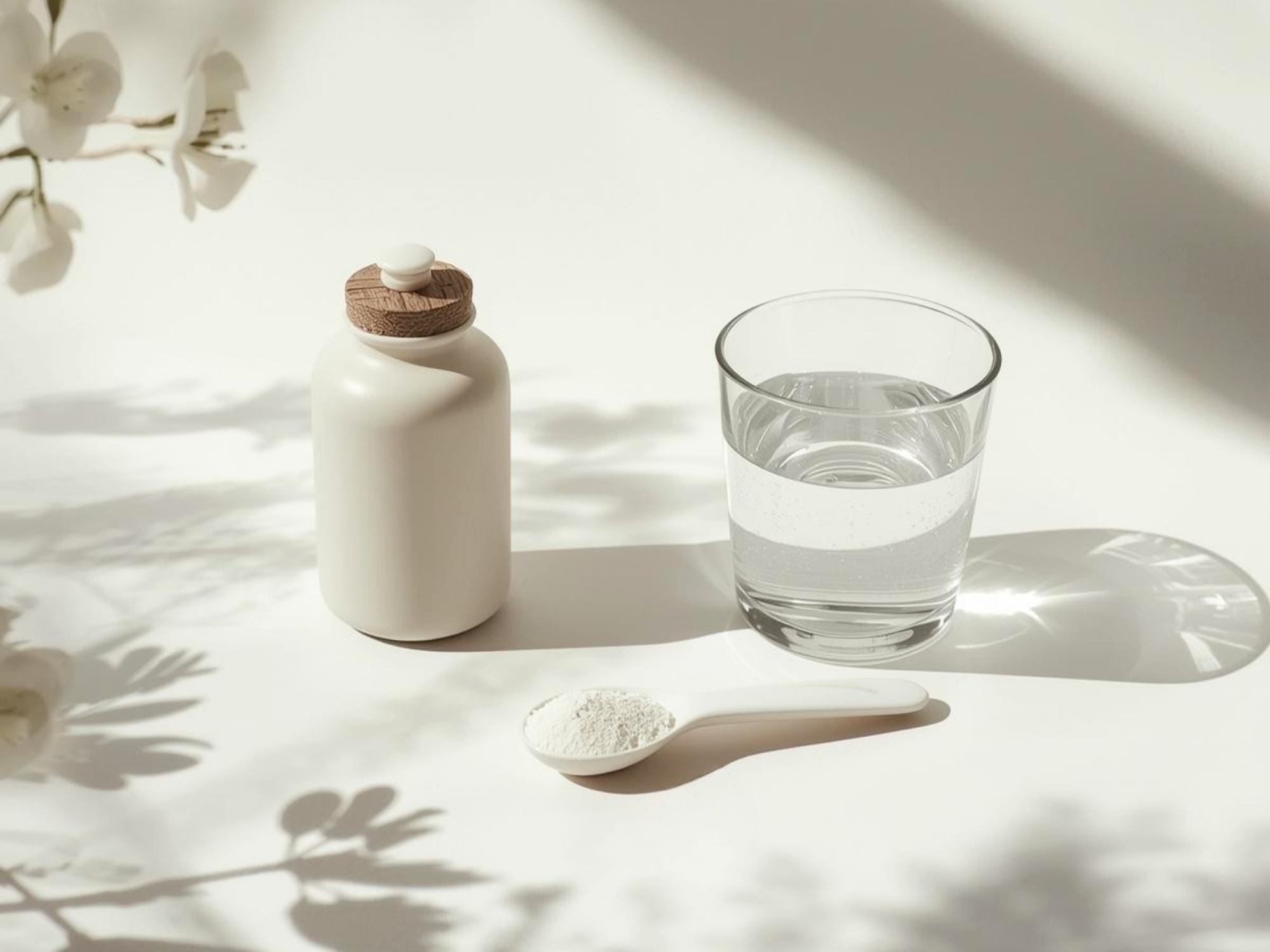Refined editorial still life with a white supplement bottle, a clear glass of water, and a white ceramic spoon on a bright ivory surface with soft branch shadows.