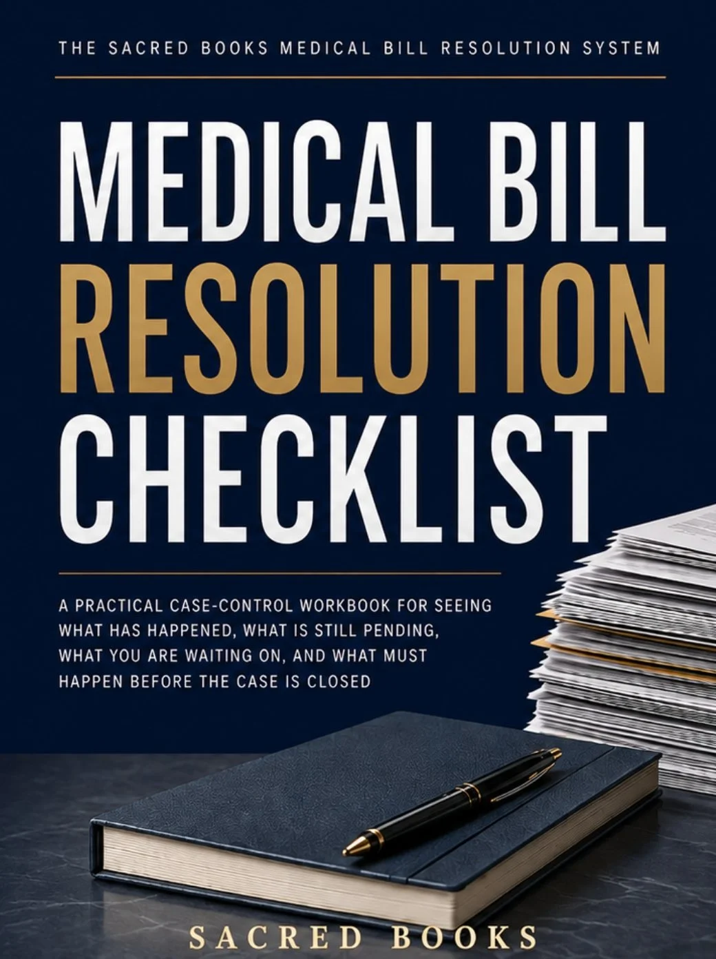 Medical Bill Resolution Checklist by Sacred Books for reviewing what has happened, what is still pending, and what remains before a medical billing case can be set aside.