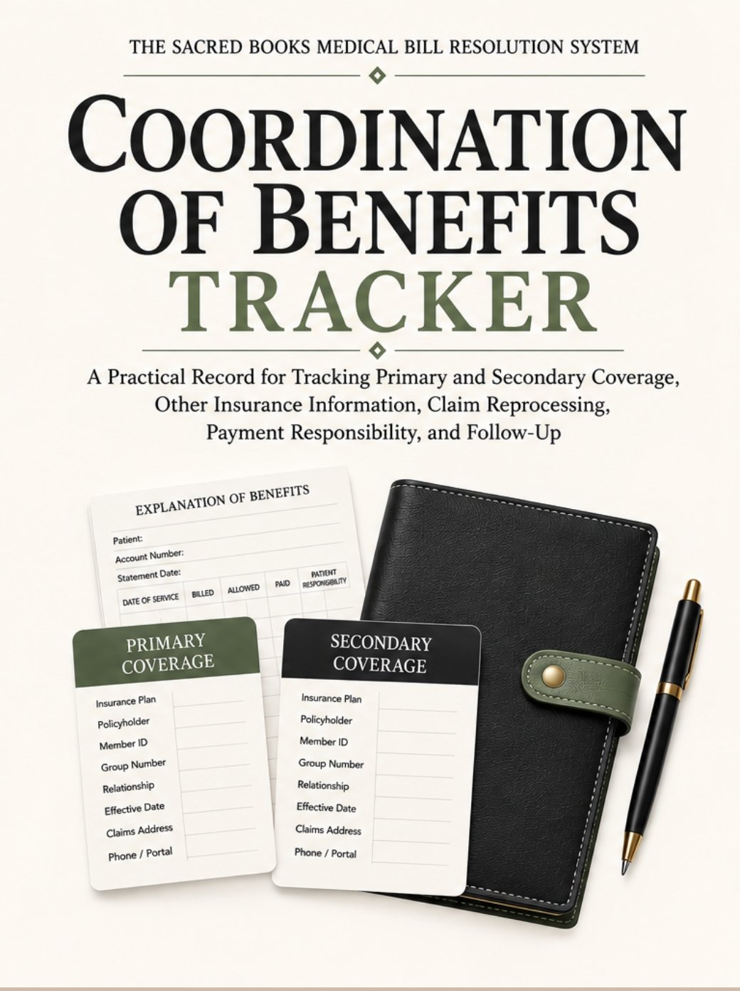 Coordination of Benefits Tracker by Sacred Books for tracking primary and secondary insurance, other coverage information, claim reprocessing, and payment responsibility.