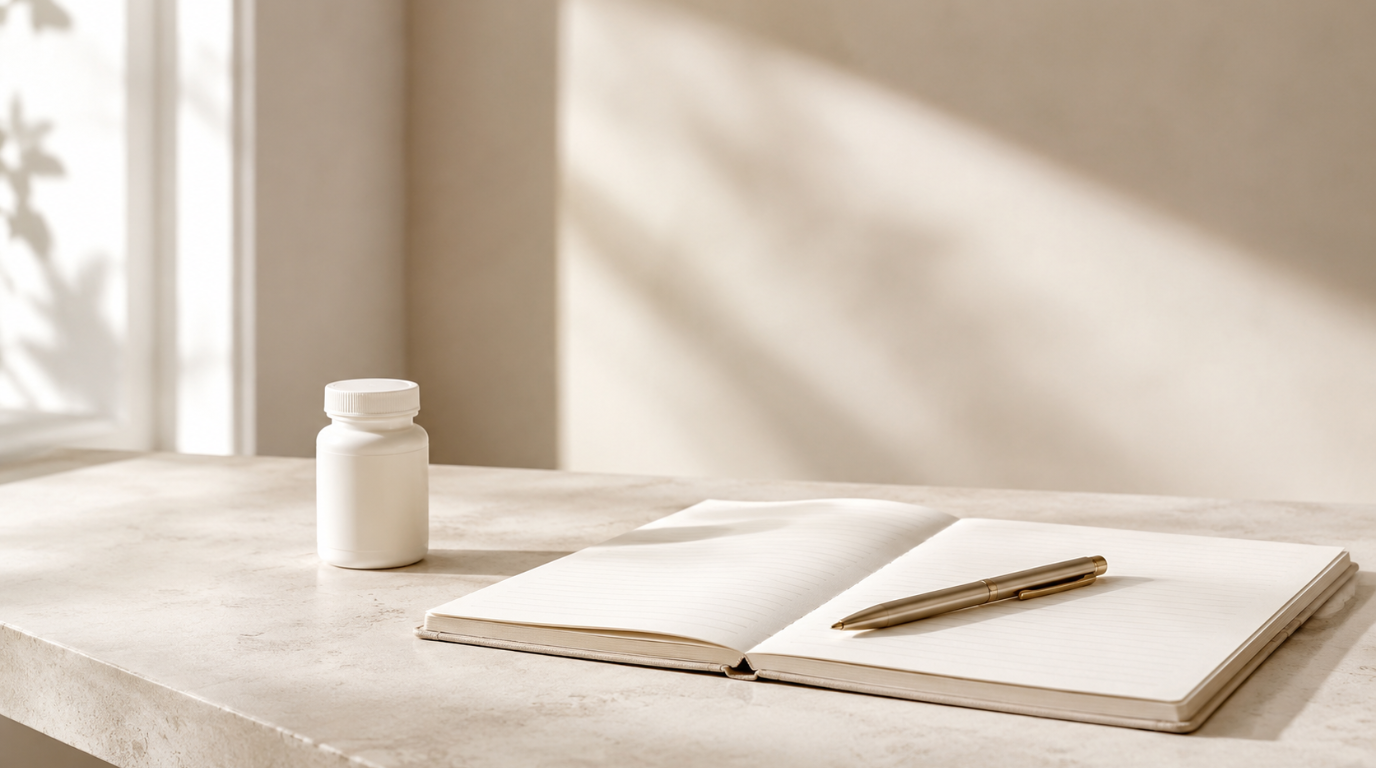Warm editorial still life of a blank record notebook, label-free medicine bottle, and pen on a cream tabletop for Sacred Books medication records.