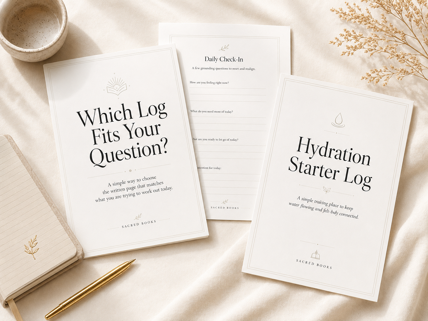 The which Log Fits Your Question guide and the Hydration and Timing Starter Log from Sacred Books are shown as printable reflection tools.