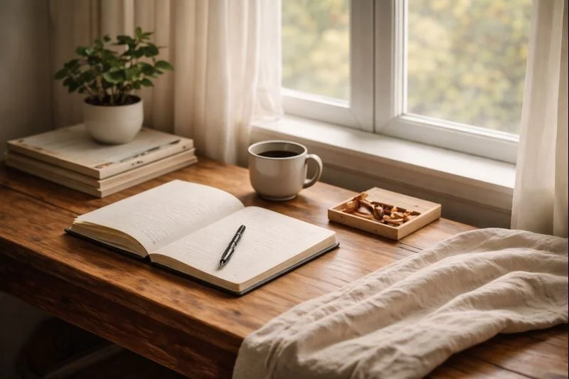 Handwritten notes on a wooden desk in natural light, representing active study and written reflection.