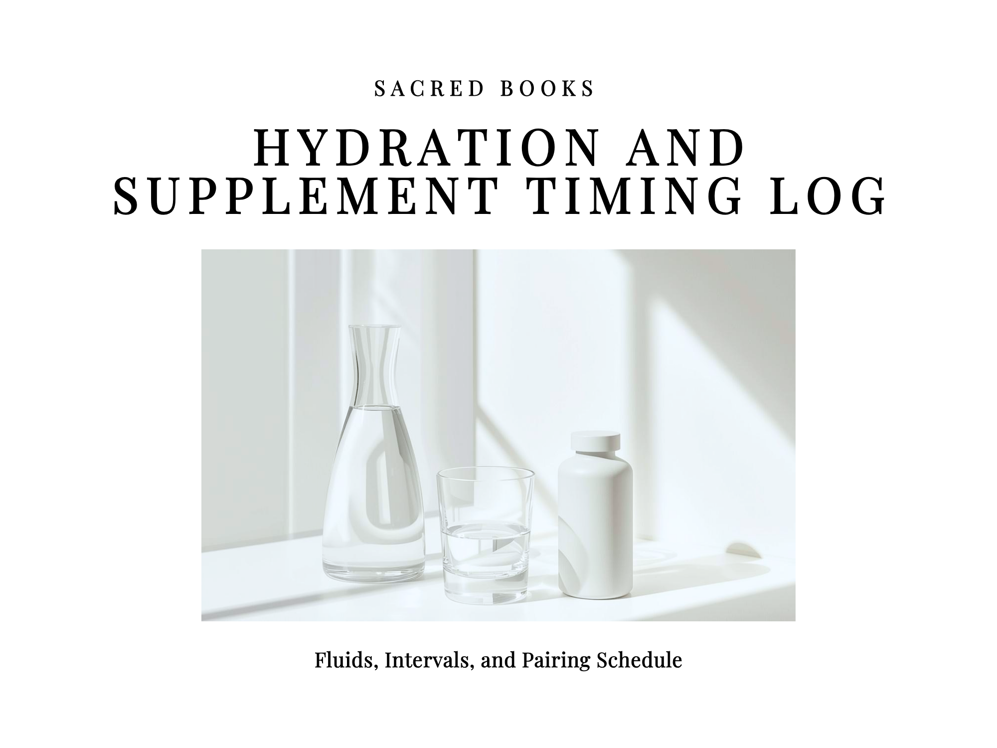 Book cover for Hydration and Supplement Timing Log featuring a clear water carafe, a drinking glass, and a white supplement bottle in soft natural light.