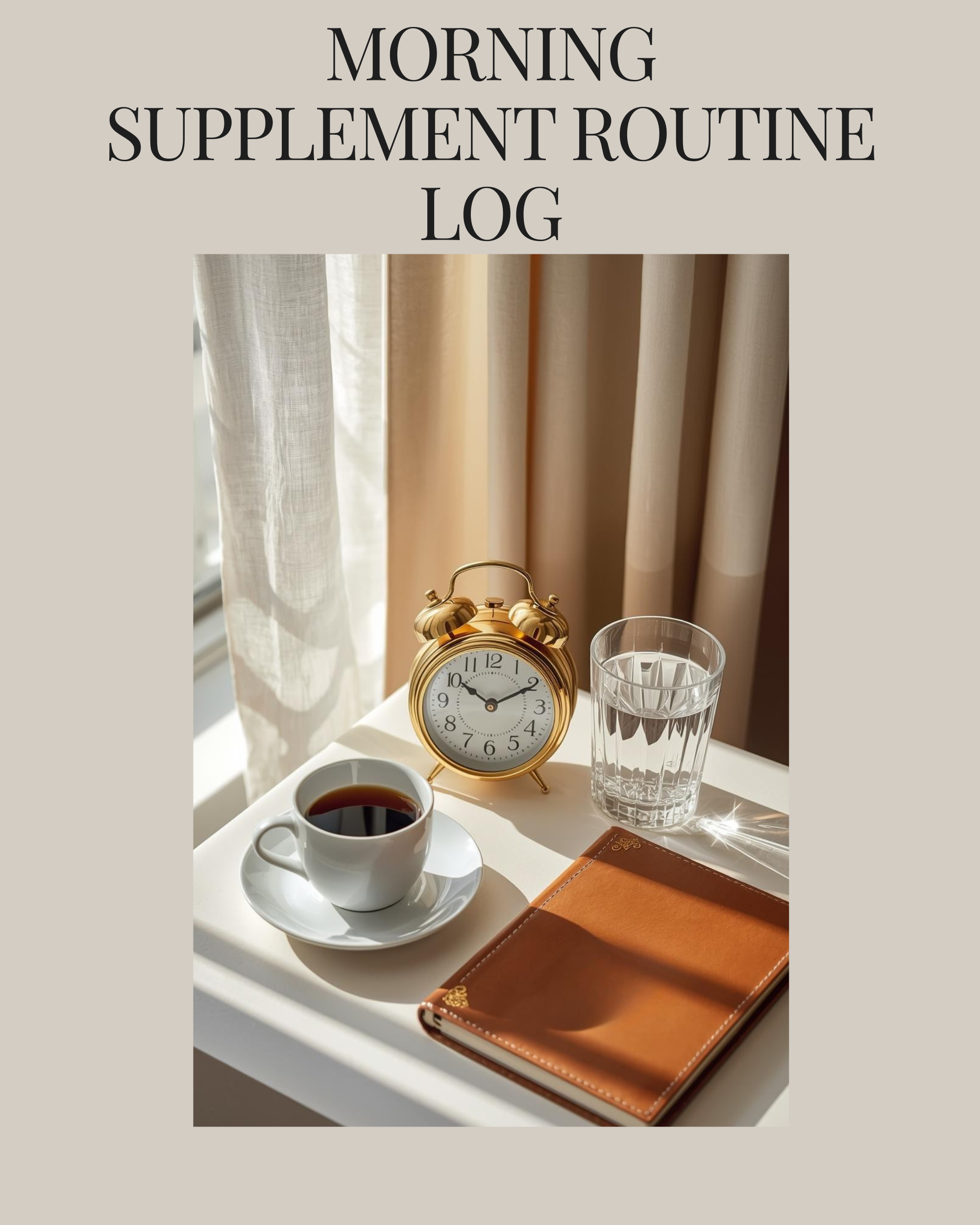 cup of coffee, clock and water glass symbolizing morning routine