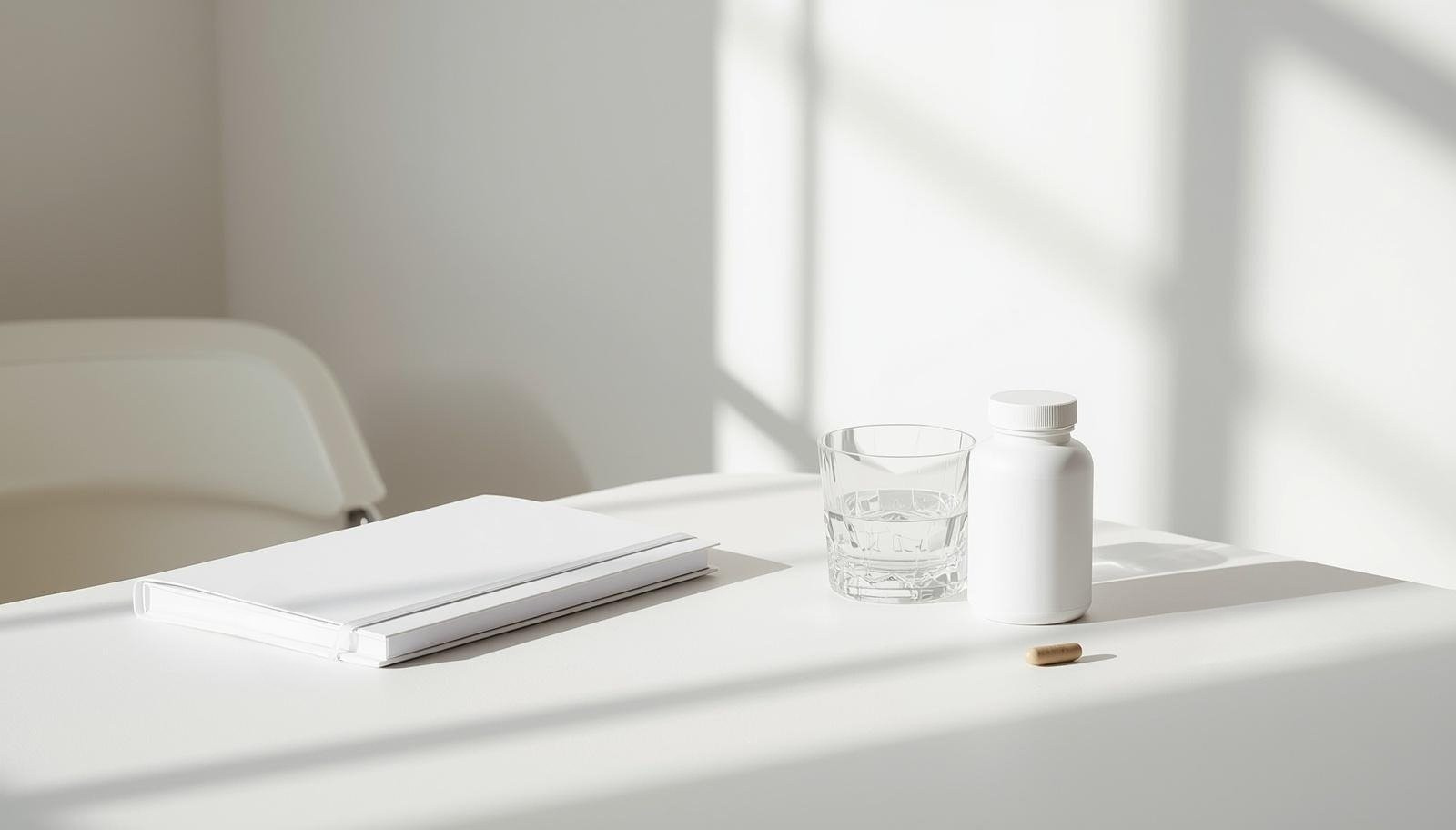 Sterile wellness office still life on a white desk: blank journal, crystal glass of water, and an upright white supplement bottle with capsules, with open space for text